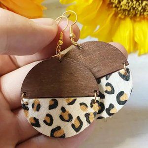 Wood & Leopard Cheetah Print Round Hinged Dangle Drop Earrings Party Event Round